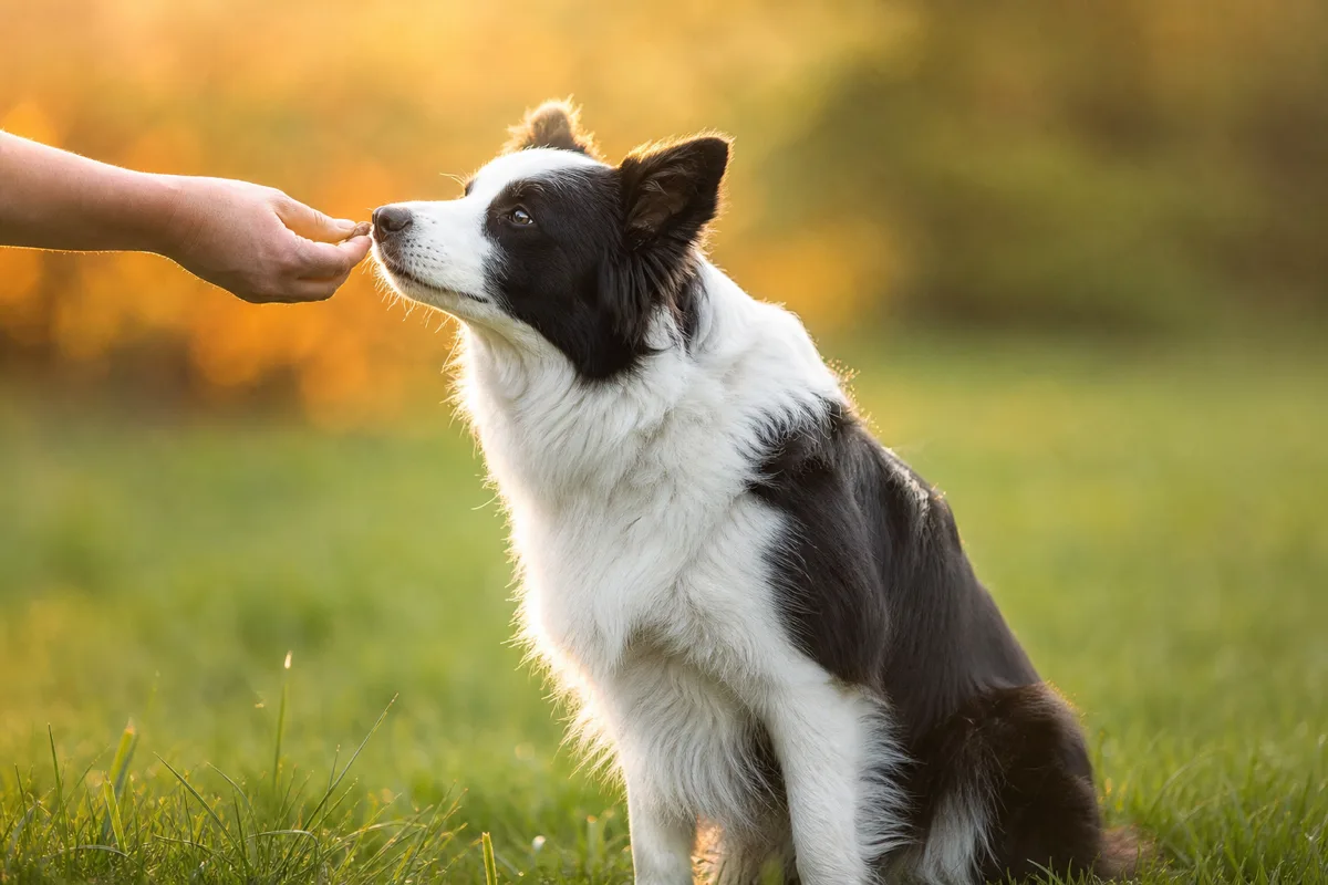 Border collie assis calmement en extérieur, recevant une friandise de la main de son éducateur, exemple de renforcement positif