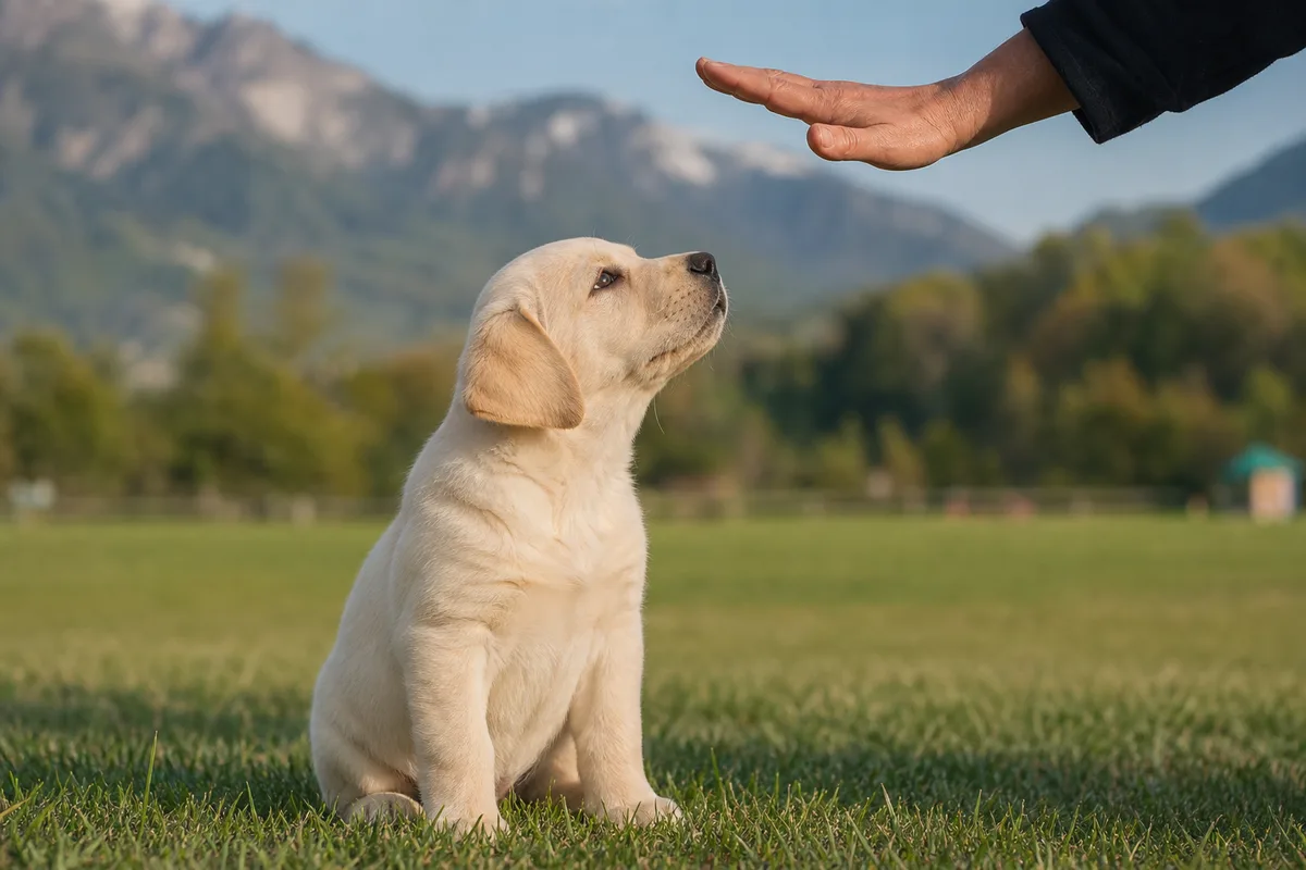 Chiot labrador crème assis sur l'herbe, attentif à la main de l'éducateur pendant une séance de l'École du Chiot