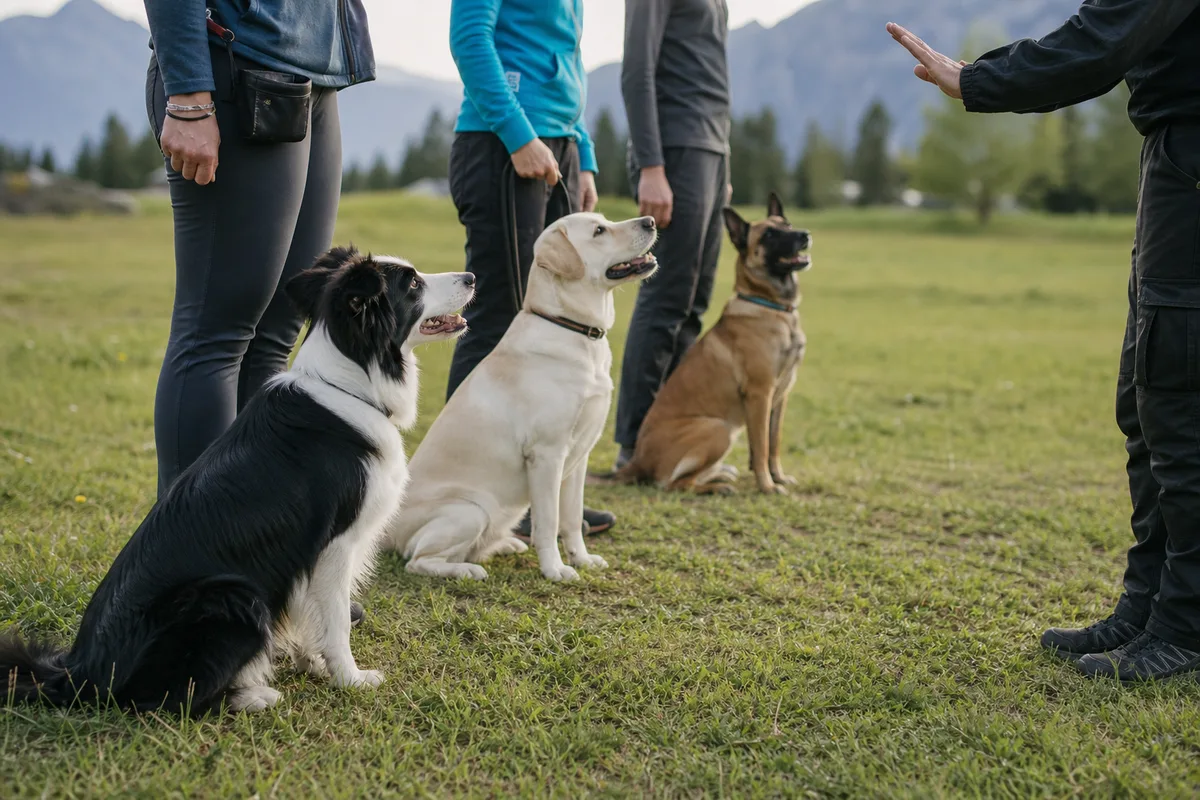 Trois chiens de races différentes en cours collectif, assis aux côtés de leurs maîtres