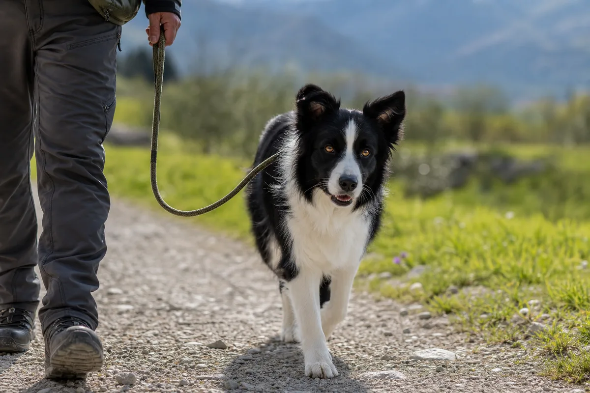 Border collie marchant en laisse détendue à côté de son maître, exemple d'autorité sans agressivité