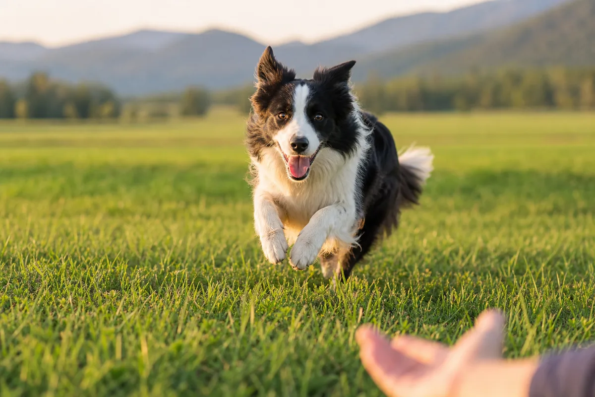 Border collie en pleine course sur un pré, oreilles attentives, lors d'un exercice de rappel en extérieur