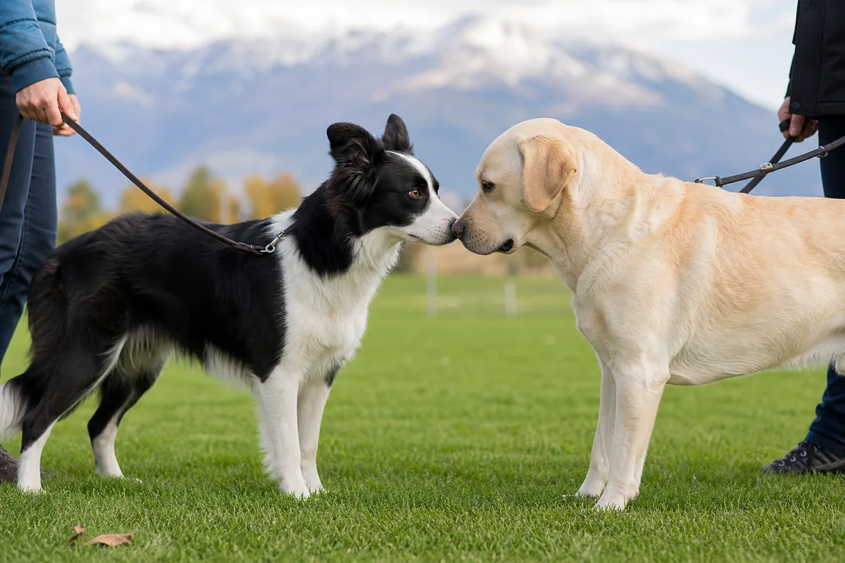 Un border collie et un labrador se saluant calmement truffe à truffe lors d'une séance de socialisation