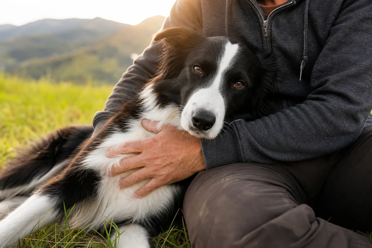 Moment de complicité entre un border collie et son maître, assis ensemble en extérieur