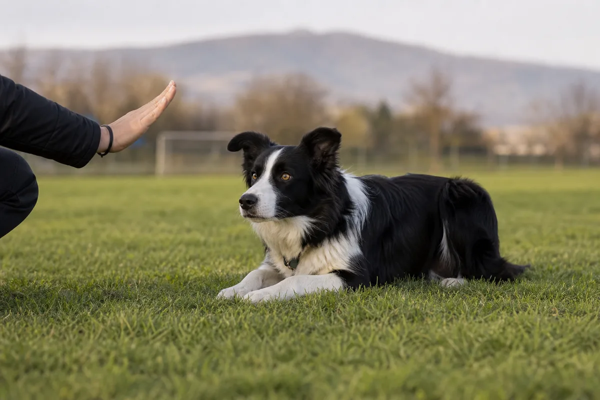 Border collie en séance d'éducation canine individuelle avec son éducateur